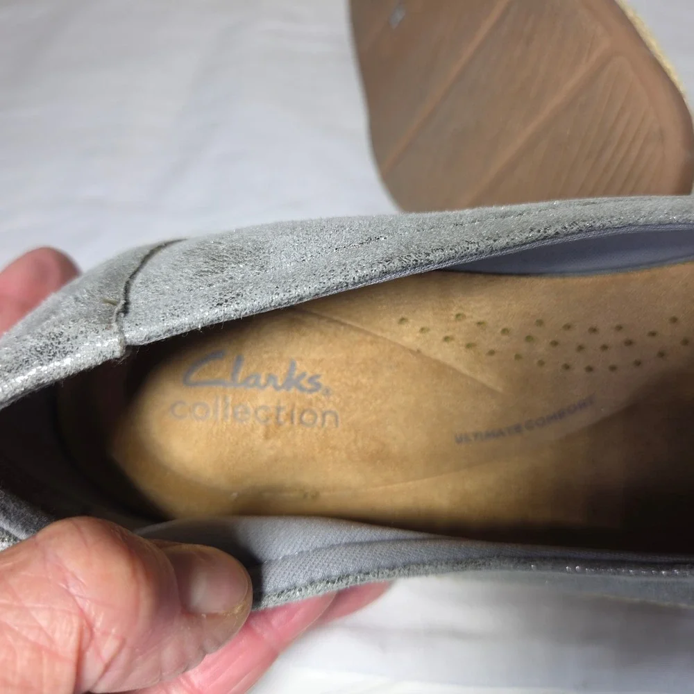 Clarks Collection Silver Metallic Floral Espadrille Flats Ultimate Comfort 11W